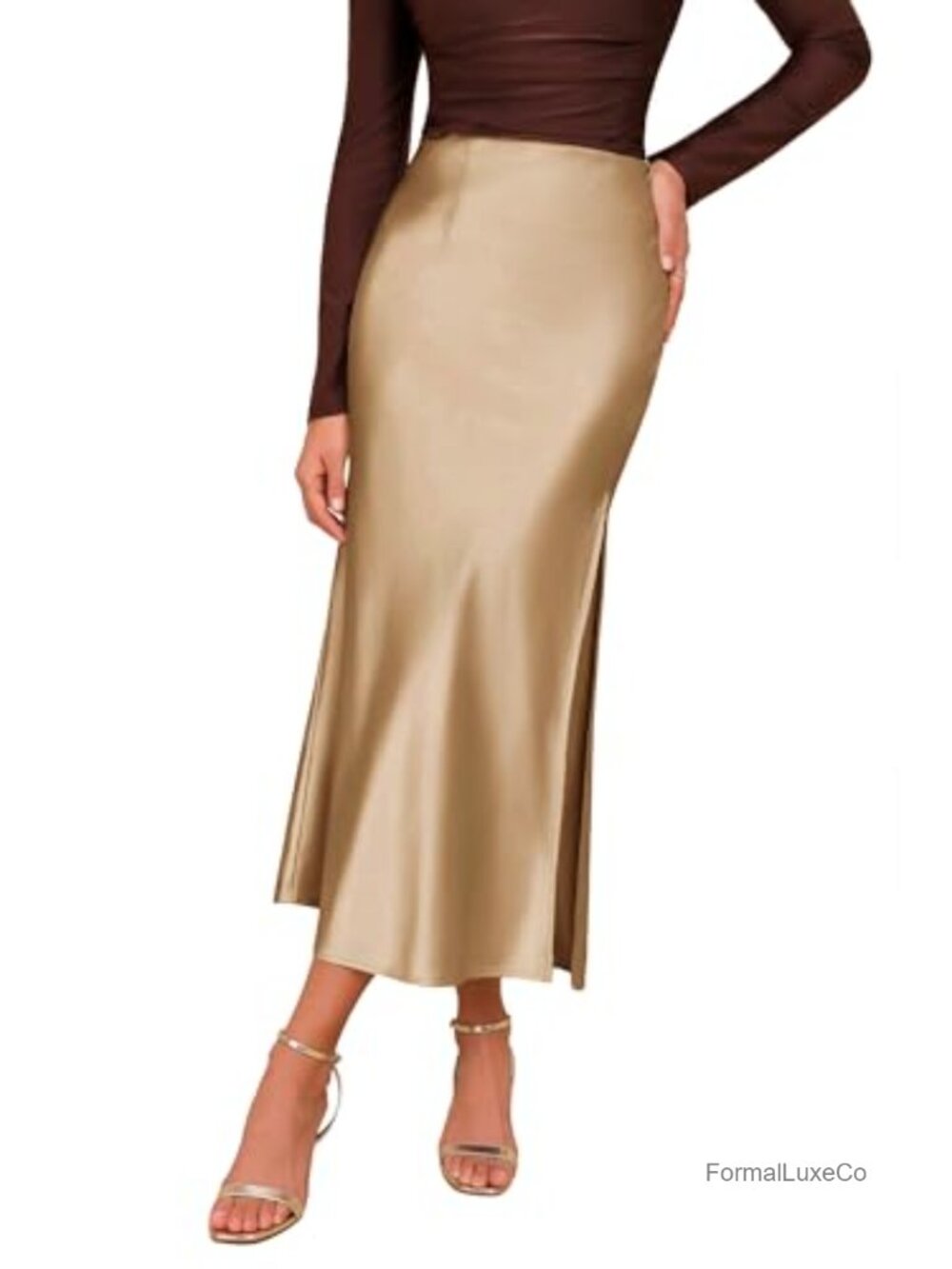 Satin High Waisted Maxi Skirt A-Line Side Split Flowy Work Skirt